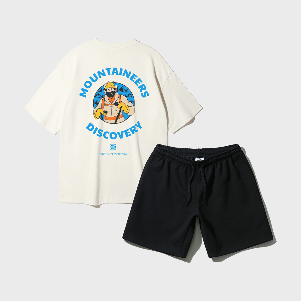 ALVINCLO [SET] 마운틴 클라이머 오버핏 반팔티 코튼 밴딩 스웨트 반바지 셋업