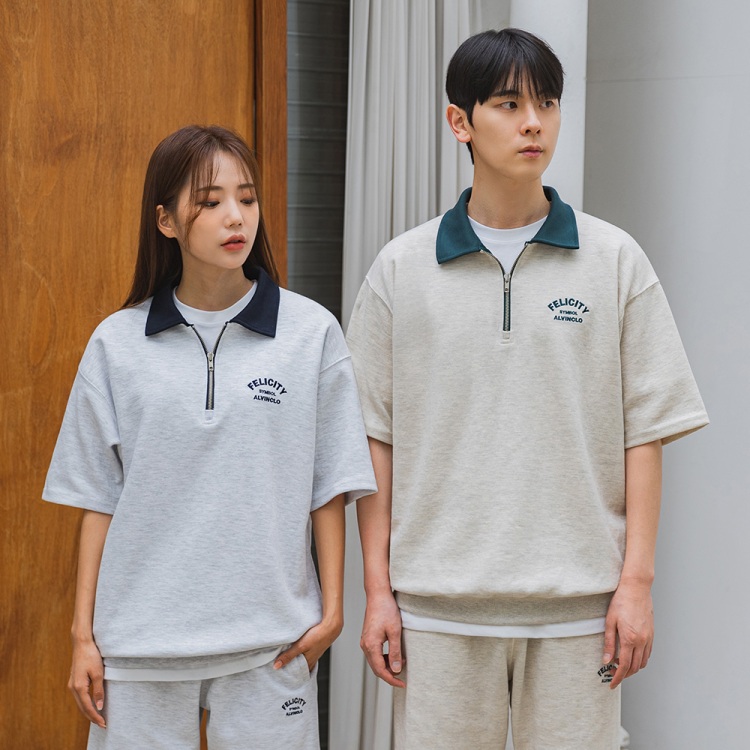 ALVINCLO 앨빈클로 FELICITY 반집업 배색 카라 반팔 맨투맨 DLX3508 (4 COLOR)