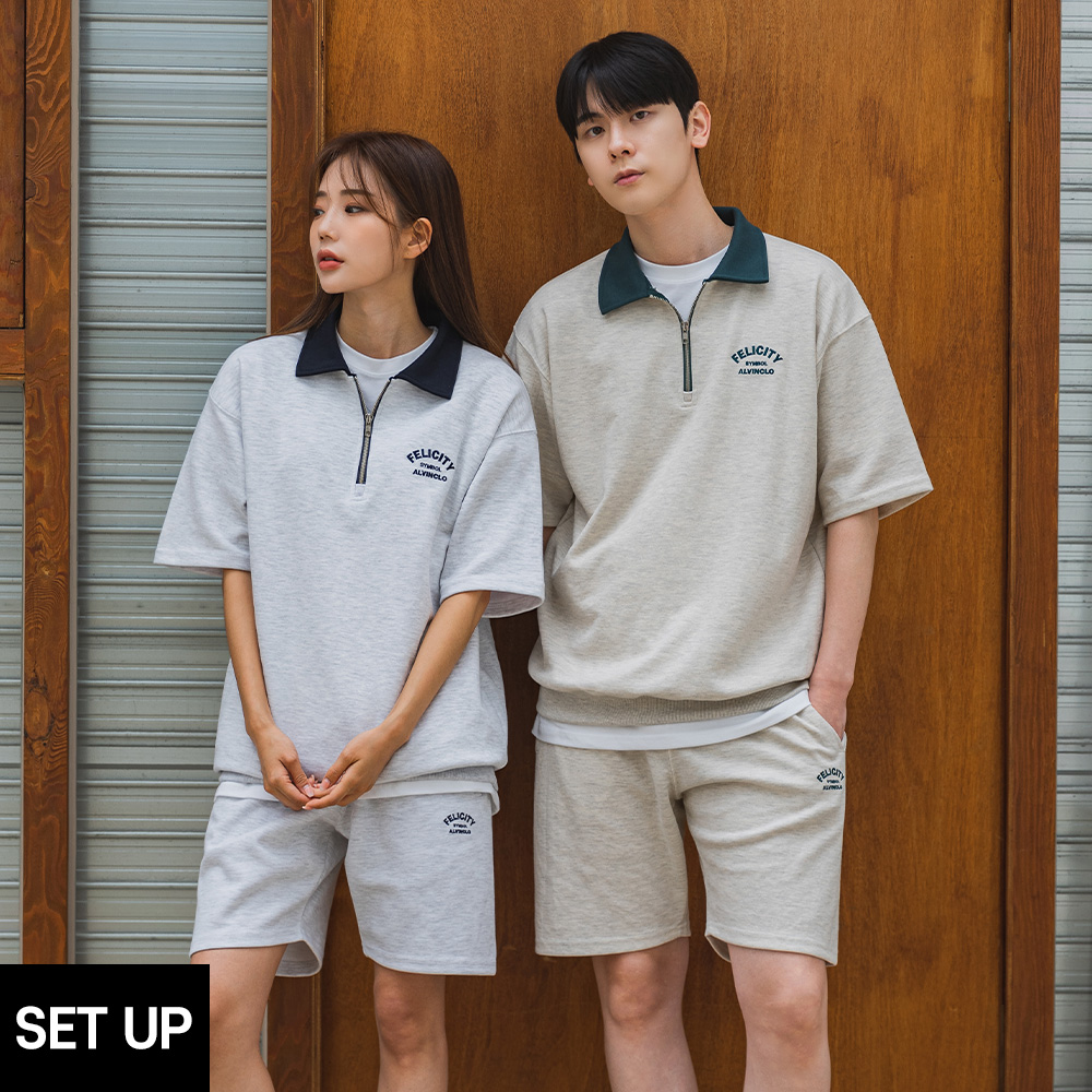 ALVINCLO [SET] FELICITY 반집업 배색 카라 반팔 맨투맨 밴드 반바지 셋업