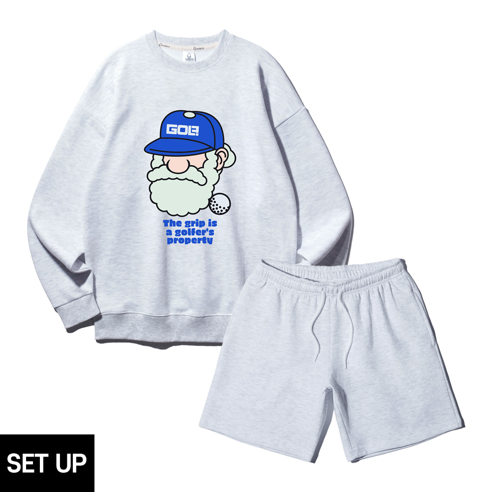 ALVINCLO [SET] 앨빈클로 마틴 골프 그립 오버핏 맨투맨 코튼 밴딩 스웨트 반바지 셋업