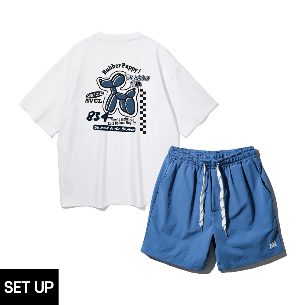 ALVINCLO [SET] ALVINCLO RUBBER PUPPY SHORT SLEEVED T-SHIRT STRING POINT WOVEN HALF PANTS SET-UP