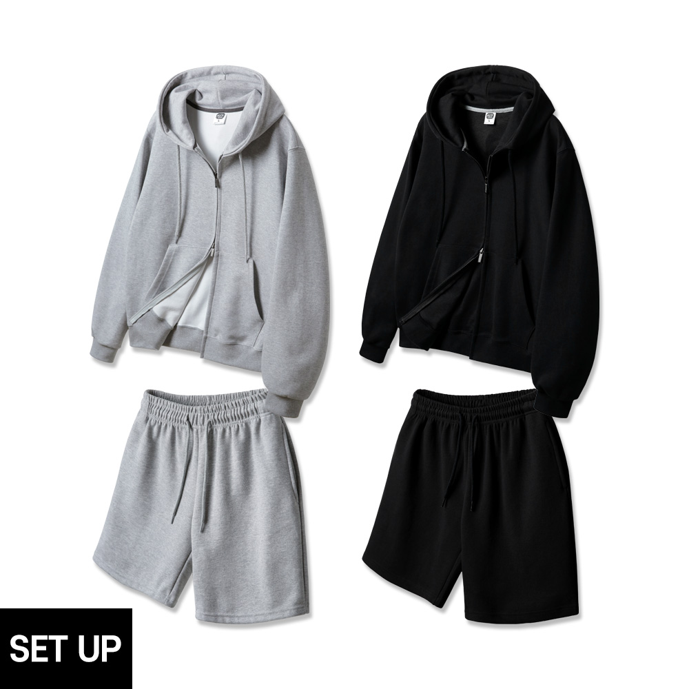 ALVINCLO [SET] ALVINCLO BASIC REGULAR-FIT 2WAY ZIP-UP HOODIE COTTON BANDING SWEAT HALF PANT SET-UP