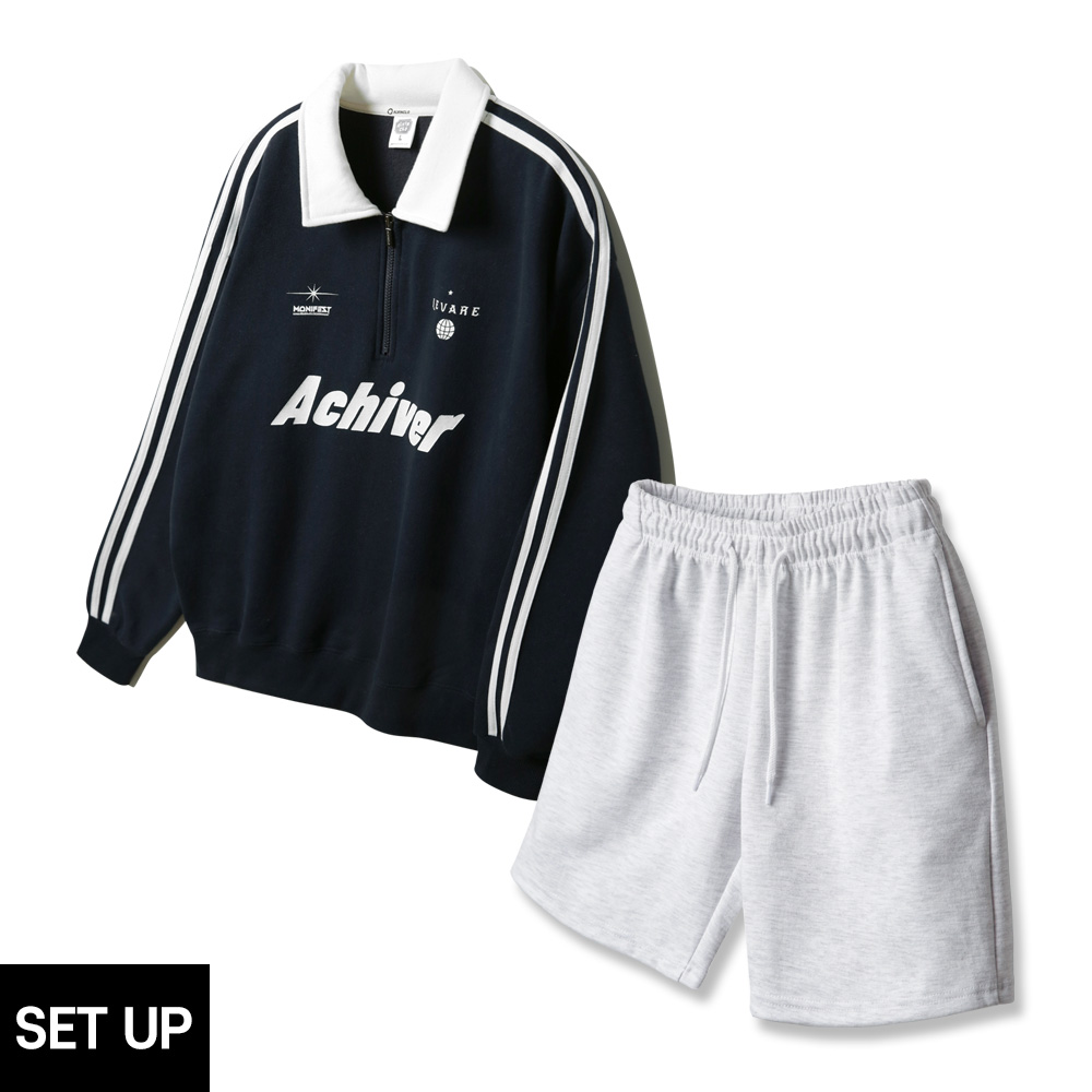 ALVINCLO [SET][DOUBLECOTTON] ACHIVER TRACK OVER-FIT SWEATSHIRT COTTON BANDING SEWAT SHORT PANTS SET UP