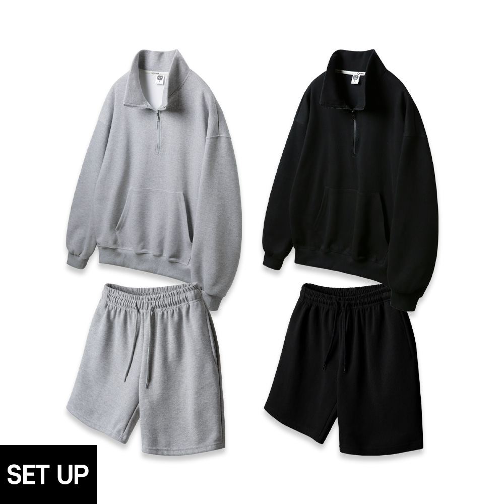 ALVINCLO [SET] alvinclo vislon half zip-up over-fit sweatshirt COTTON BANDING SWEAT HALF PANTS SET-UP