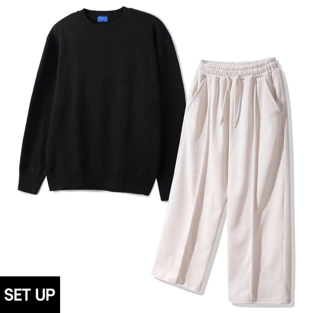 ALVINCLO [SET] ALVINCLO BASIC ROUND KNIT PINTUCK WIDE PANTS SETUP