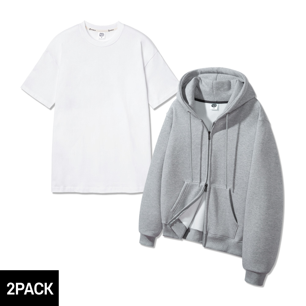 ALVINCLO [2PACK] 앨빈클로 무지 레귤러핏 투웨이 후드집업 레이어드 롱 반팔 티셔츠 패키지