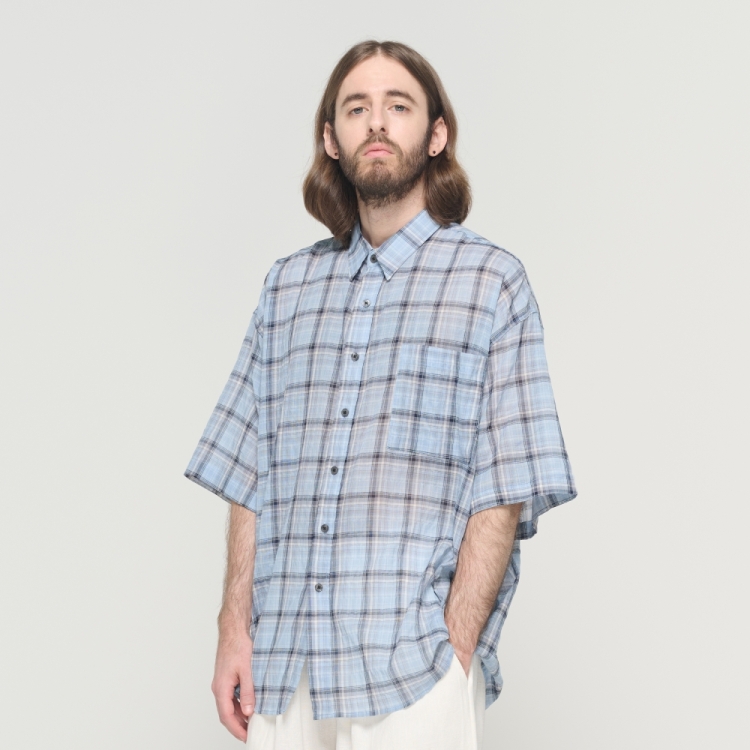 CARGOBROS SEERSUCKER CHECK SHORT SLEEVE SHIRT (BLUE)